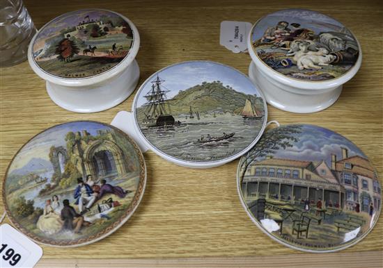 Two Prattware potlids and bases, Peace (219) and Walmer Castle (45) and three other potlids,